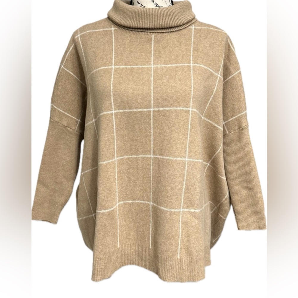 LOFT Petites Tan Checkered Boxy Turtleneck Sweater with 3/4 Sleeves